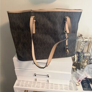 Michael Kors Brown Logo Canvas Tote with Beige Trim